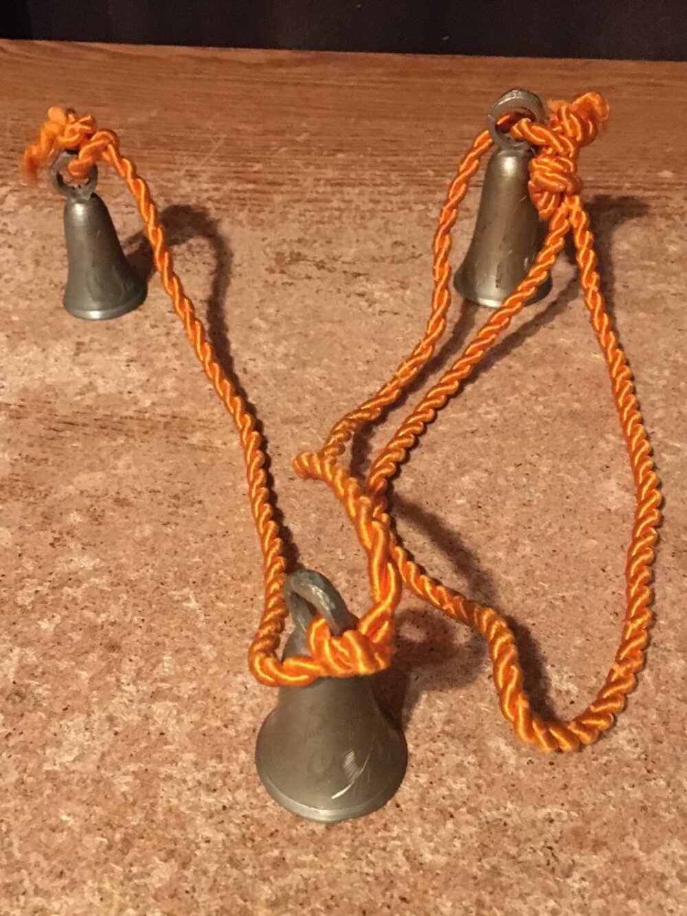 BELLS OF SARNA ETCHED BRASS BELLS SET OF 3 ON ROPE